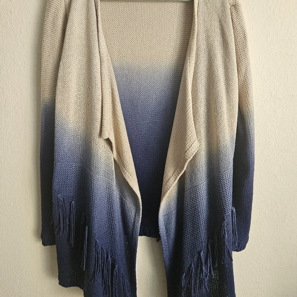 Cozy Peck & Peck Boho XL Beige Blue Ombre Fade Cascade Open Fringe Sweater